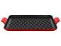 Poêle grill rectangulaire en fonte rouge et noire avec poignées.