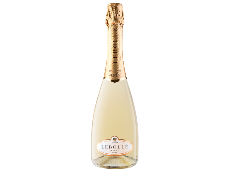 Bouteille de vin mousseux doux avec une étiquette dorée, indiquant 'Millesimato' et 'Moscato Dolce'.