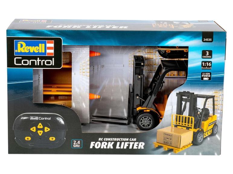 Boîte Revell Control avec un chariot élévateur RC jaune et une télécommande.