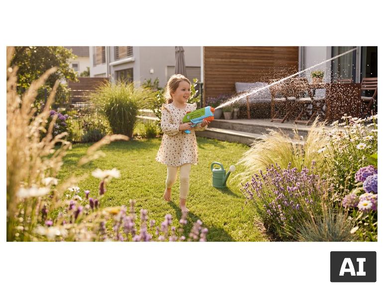 Pistolet à eau LUPILU®: Fille souriante jouant dans le jardin avec un pistolet à eau [image générée par l'IA]