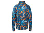 Un sweat-shirt bleu à manches longues avec un motif orange et blanc.