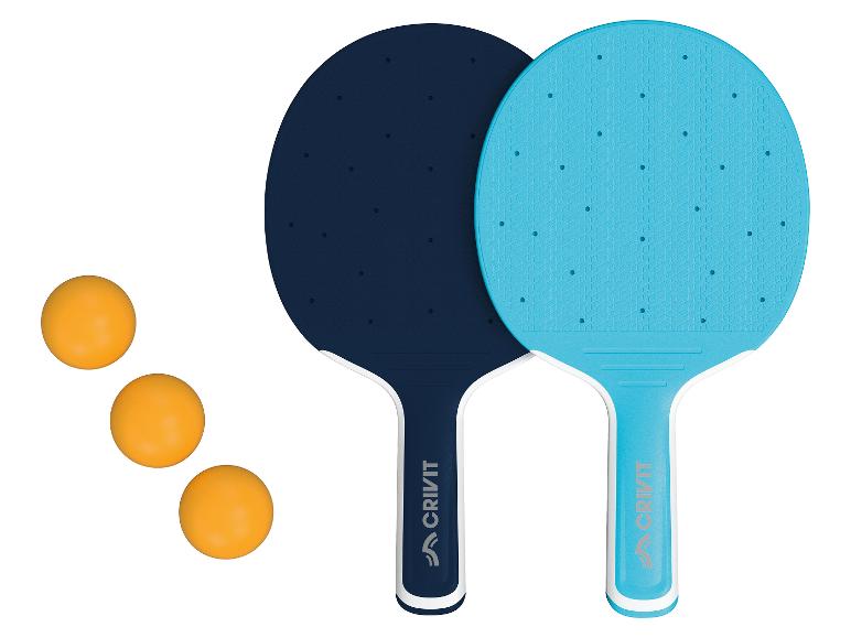 Raquettes de ping-pong Crivit bleues et noires avec balles.