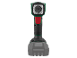 Lampe de travail sans fil verte et noire avec bouton rouge et batterie grise.