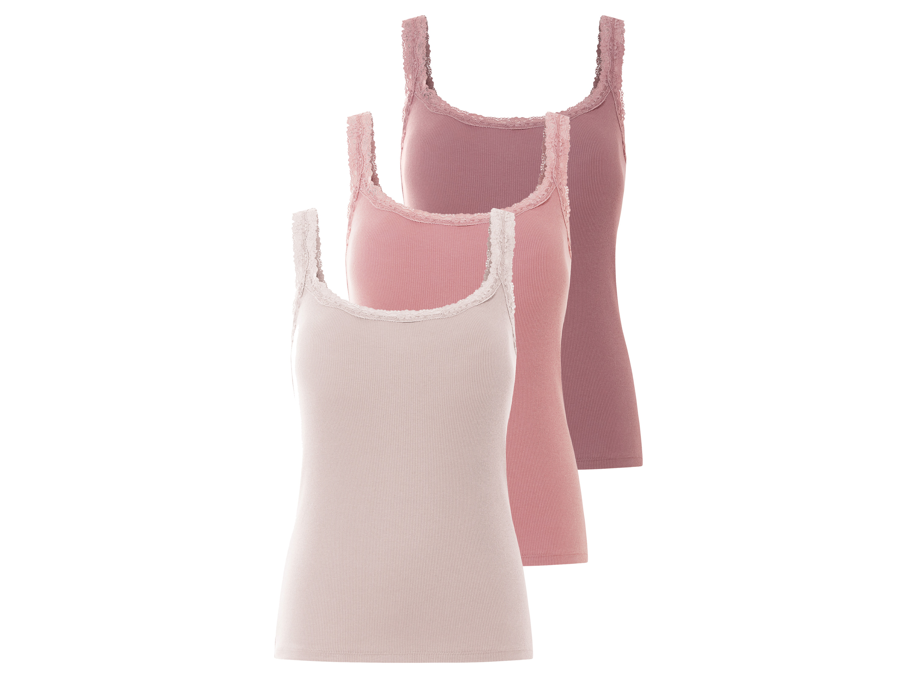 esmara® Lot de 3 débardeurs côtelés à dentelle femme (rose/rose clair, L(42/44))