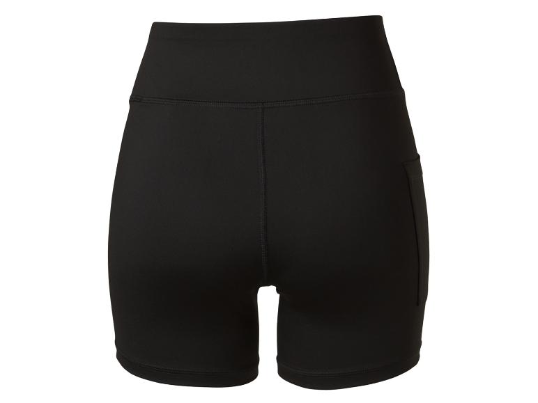 Short de sport noir pour femme avec taille haute et poche latérale.