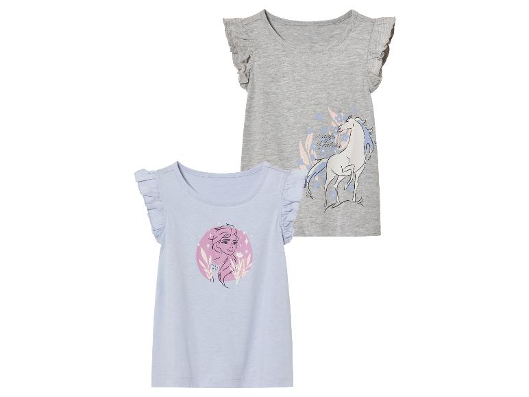 Deux t-shirts pour filles avec un imprimé Frozen et une licorne.