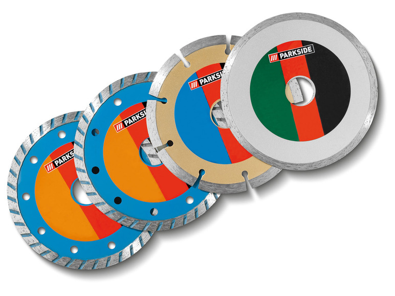Quatre disques diamantés Parkside pour différentes applications.
