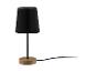 Une lampe de table noire avec un pied en bois.