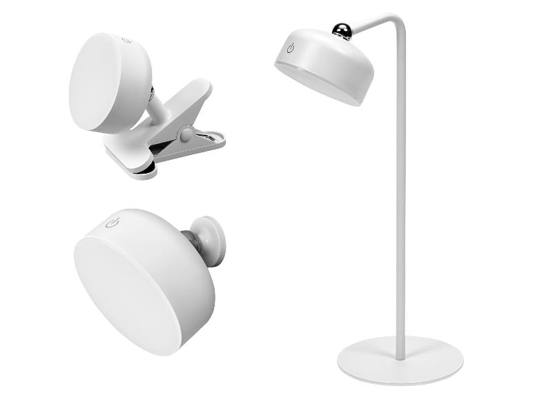 Lampe LED blanche avec base et pince, dotée d'un bouton d'alimentation.