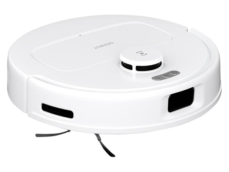 Aspirateur robot blanc avec un corps rond et des brosses latérales saillantes.