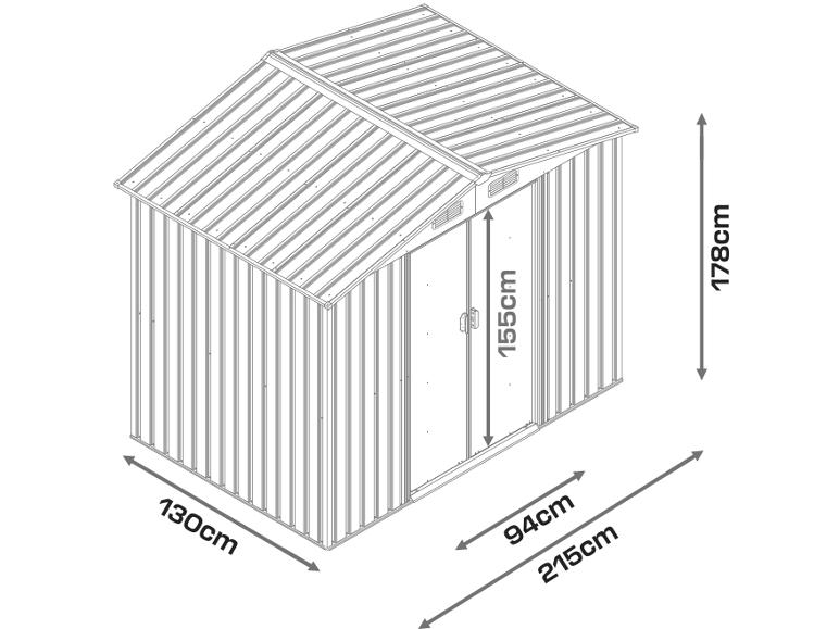 Abri de jardin métallique avec dimensions: 215x130x178 cm, hauteur de porte 155 cm.