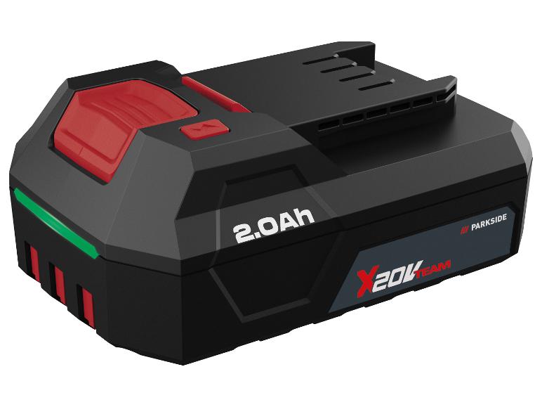 Batterie d'outil électrique 2.0Ah noire avec des détails rouges et une bande verte.
