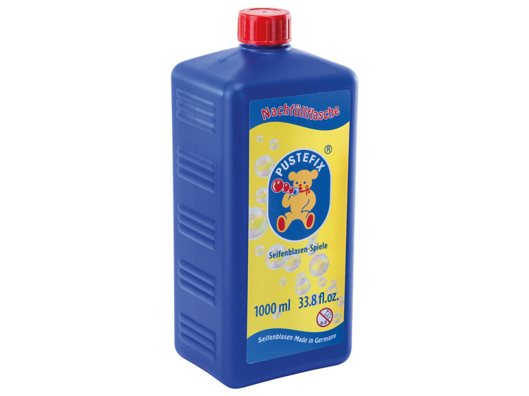 Solution à bulles Pustefix dans une bouteille bleue.