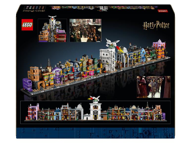 Ensemble LEGO Harry Potter Chemin de Traverse avec scène de rue et détails intérieurs.