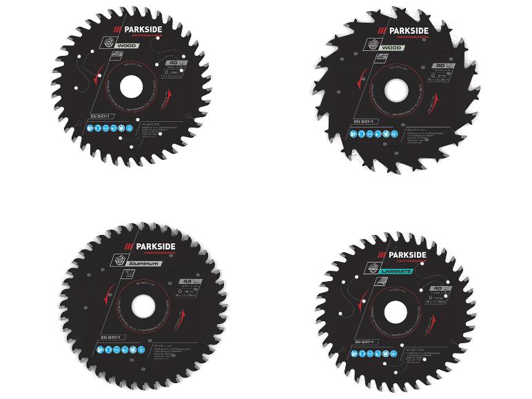 Quatre lames de scie circulaire pour le bois, l'aluminium et le stratifié.