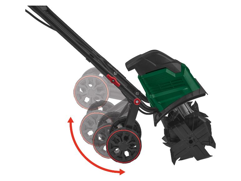 Motoculteur de jardin avec roues et animation de mouvement par flèche