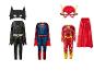 Costumes de super-héros Batman, Superman et Flash avec masques et cape.