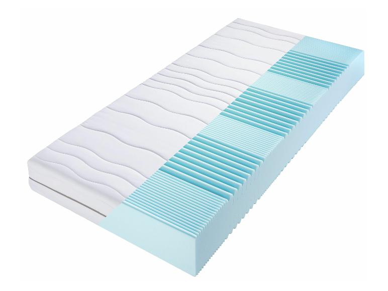 Un matelas avec un cœur en mousse bleue et une housse blanche.
