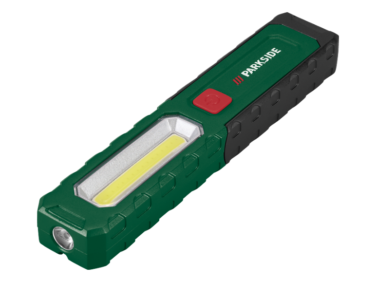 Lampe de travail LED verte et noire avec un bouton rouge et une bande lumineuse jaune.