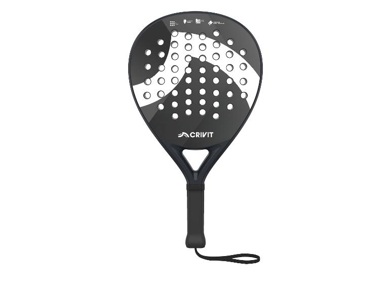 Raquette de padel noire avec accents blancs et gris, surface perforée et dragonne.