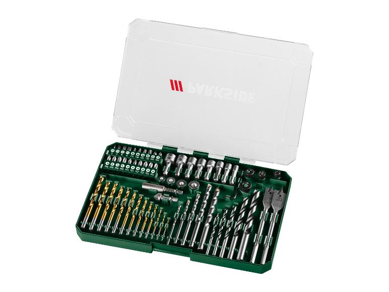 PARKSIDE coffret de forets et d'embouts dans une boîte de rangement verte avec couvercle transparent.