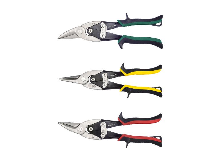 Trois paires de cisailles à métaux Parkside avec des poignées de couleurs différentes.