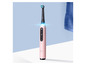 Une brosse à dents électrique Oral-B iO rose sur un fond blanc.