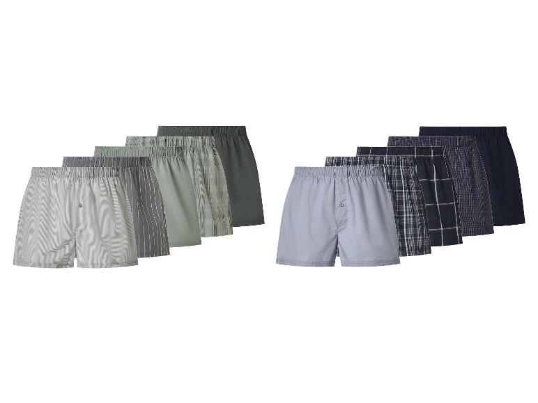 Un lot de 10 boxers pour hommes dans diverses couleurs et motifs verts, gris et bleus.