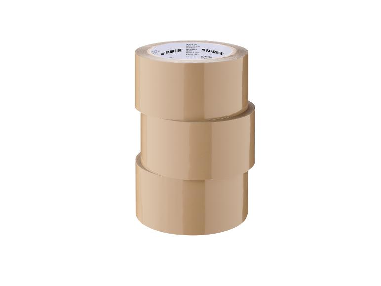 Trois rouleaux de ruban adhésif d'emballage Parkside de couleur beige, empilés.