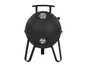 Un barbecue rond noir avec des pieds et un thermomètre.