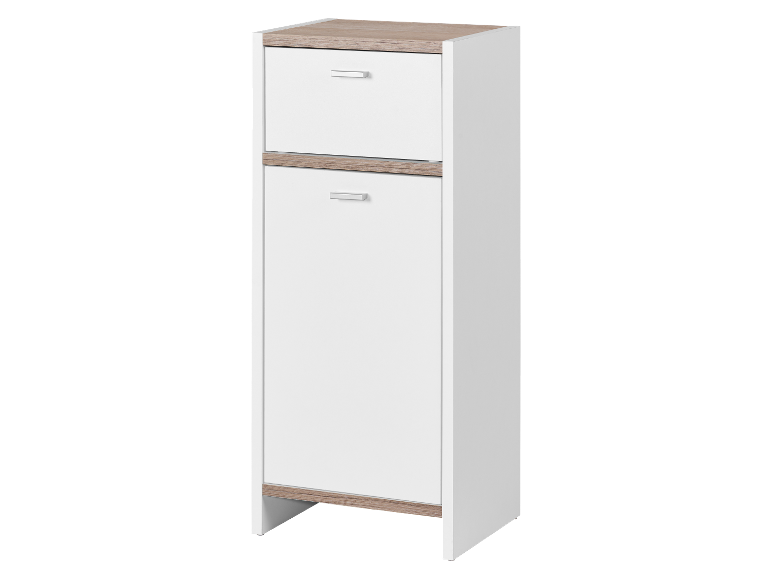 Armoire blanche avec deux tiroirs et un grand compartiment.