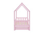 Un lit en bois rose avec une tête de lit en forme de maison et un lit gigogne.