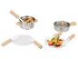 Ensemble de cuisine jouet avec casseroles, poêle, ustensiles et pâtes en feutre.