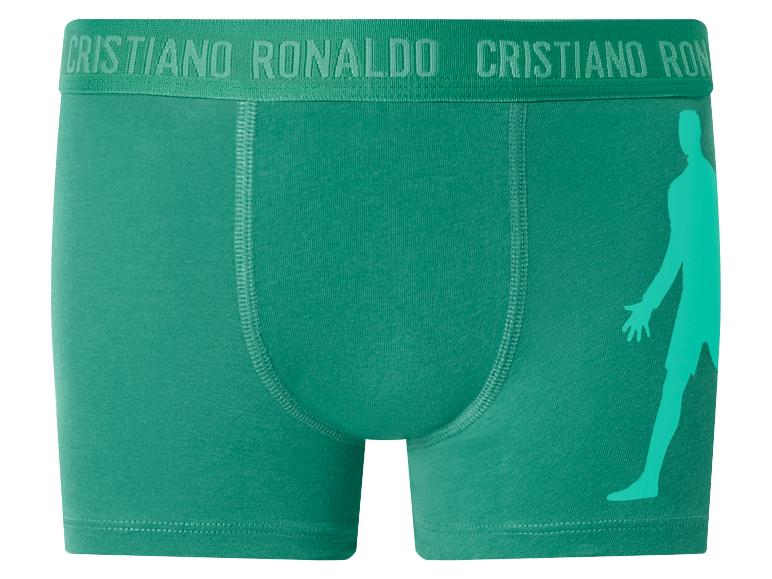 Boxer vert avec le nom 'Cristiano Ronaldo' sur la ceinture et une silhouette de joueur.