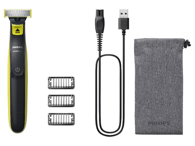 Tondeuse Philips OneBlade avec accessoires, y compris peignes, chargeur et pochette de voyage.