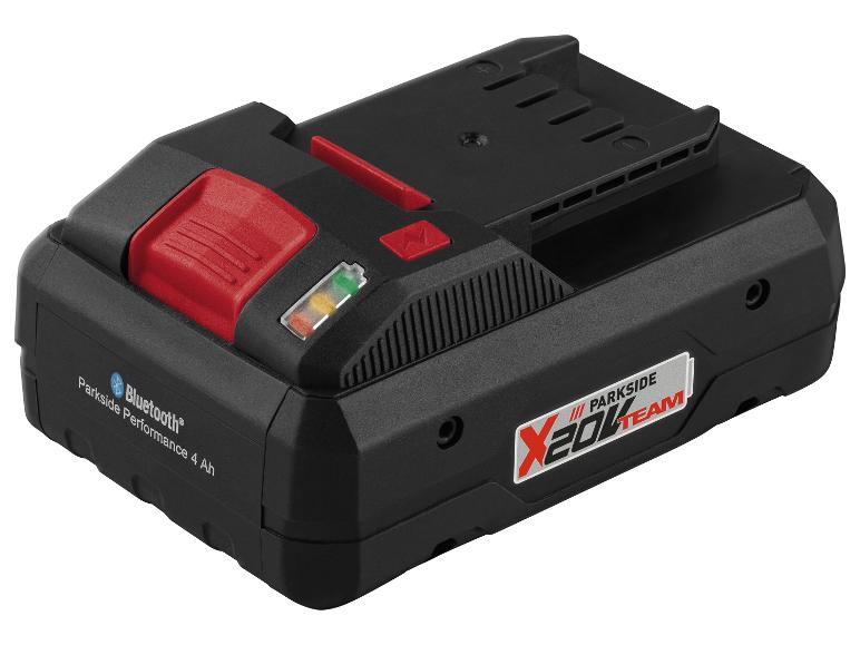 Batterie d'outil sans fil noire avec des accents rouges et un indicateur de charge