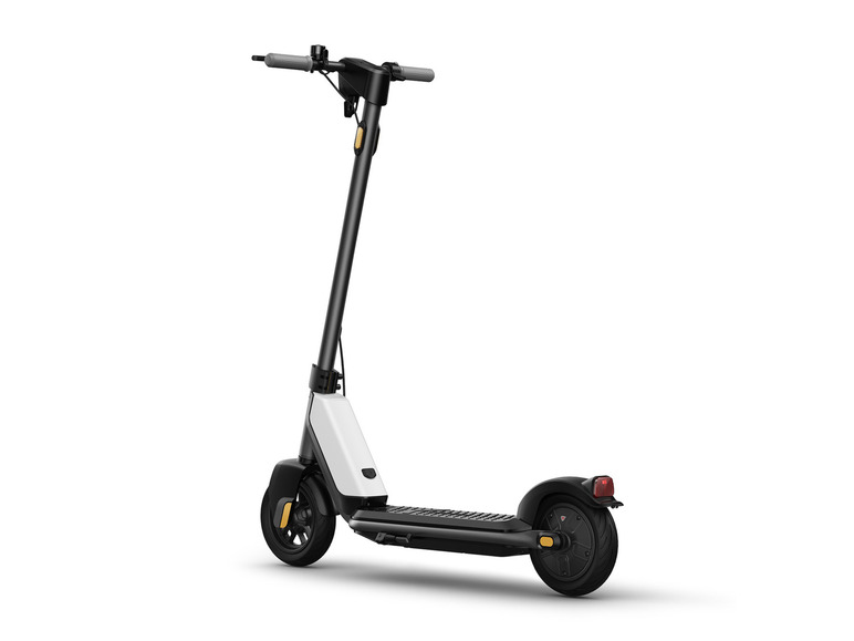 Une trottinette électrique noire avec des détails jaunes.