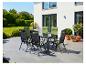 Ensemble de salle à manger d'extérieur avec table noire et chaises vertes sur une terrasse.