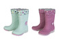 Deux paires de bottes de pluie à thème automnal, une en vert menthe avec des glands et l'autre en rose avec des fleurs.