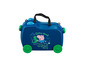 Une valise bleue à roulettes avec Peppa Pig et un dinosaure.