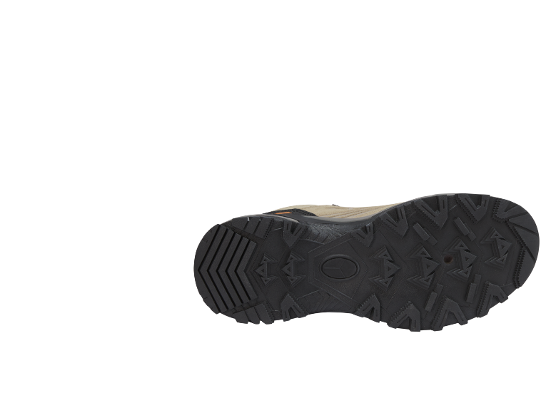 Semelle d'une chaussure de randonnée beige et noire avec une bande de roulement robuste.