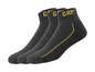Trois paires de chaussettes Caterpillar noires avec des accents jaunes.