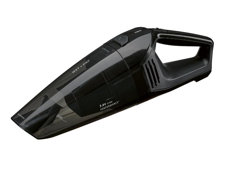 Aspirateur à main noir pour usage humide et sec avec le texte 'WET + DRY' et '7.4V Li-ion PERFORMANCE+'.