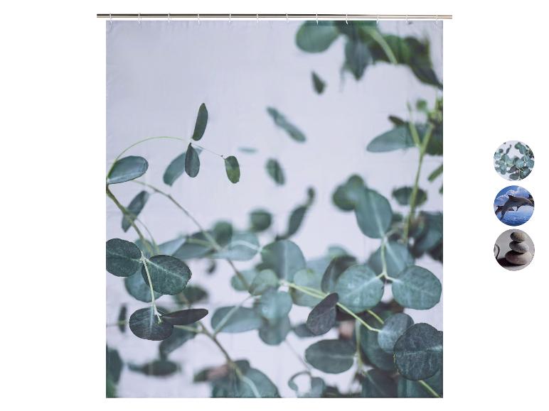 Rideau de douche avec motif de feuilles d'eucalyptus, accompagné d'options dauphins et pierres.