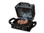 Grill électrique ouvert avec un steak grésillant, affichant les modes de cuisson.