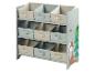 Un organisateur de rangement gris pour enfants avec neuf paniers en tissu et un thème animalier forestier.