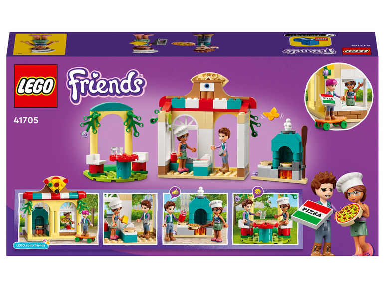 LEGO Friends pizzeria avec four, tables et figurines.