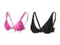 Bikinis triangle et bandeau, motifs léopard rose et noir uni.