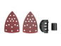 Deux feuilles de papier abrasif triangulaires et deux accessoires pour une ponceuse.