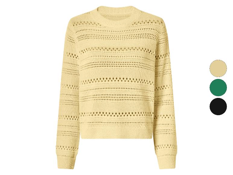 Pull jaune tricoté à manches longues avec motif perforé, présenté avec des options de couleur.